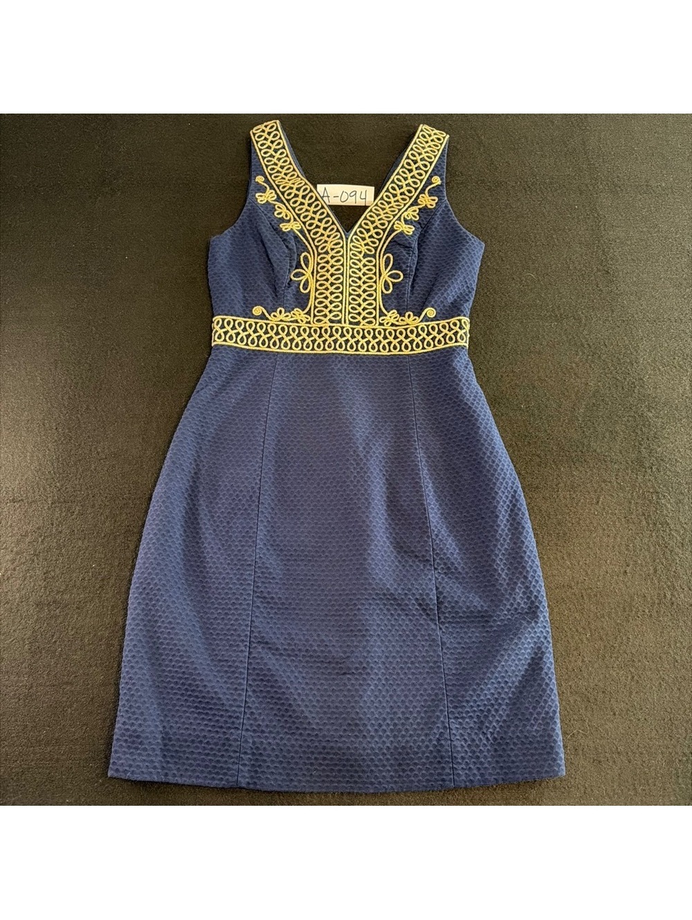 Lilly Pulitzer Dress 00 Navy Gold Soutache Trim Sheath Sleeveless Cotton
